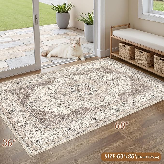 3x5 Washable Entryway Rug: Non-Slip Soft Indoor Throw Area Rug for Living Room Bedroom Kitchen, Boho Floral Distressed Durable Carpet for Hallway Bathroom Laundry Home Decor (Brown/Beige)