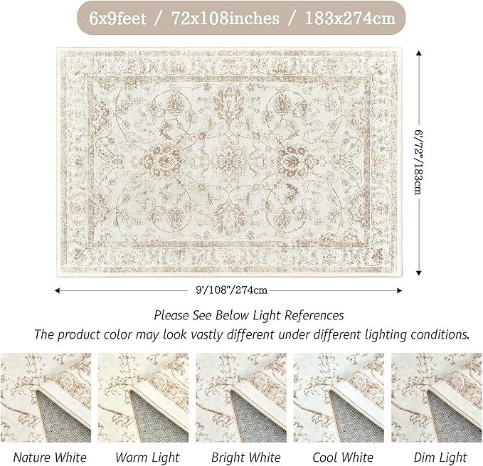 Madane Washable 6x9 Area Rugs for Living Room, Vintage Natural Rug with Non-Slip Backing, Soft Stain Resistant Throw Rugs Thin Carpet for Bedroom Dining Room Farmhouse (6 x 9, Wood/Ivory)