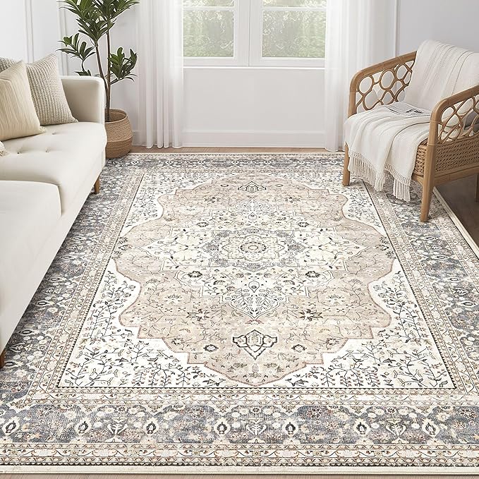 Washable Rug 6x9 Area Rugs for Living Room Bedroom Dining Room Home Office Floor Decor -Stain & Fade Resistant Non Slip Backing Carpet,Ultra-Thin Vintage Large Carpets (Camel/Beige,6'x9')