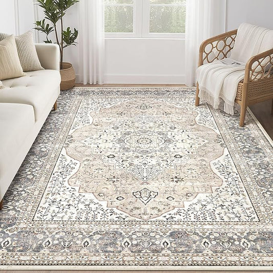 Washable Rug 6x9 Area Rugs for Living Room Bedroom Dining Room Home Office Floor Decor -Stain & Fade Resistant Non Slip Backing Carpet,Ultra-Thin Vintage Large Carpets (Camel/Beige,6'x9')