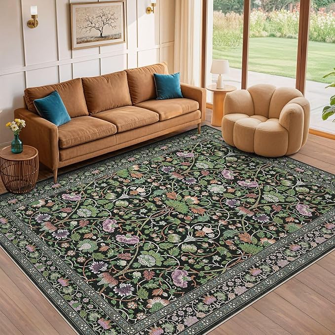 10x12 Area Rug Living Room Rugs - Washable Boho Vintage Floral Large Soft Non Slip Thin Rug Low Pile Carpet for Bedroom Dining Room Kids Playroom Office Decor Indoor- Green Dark