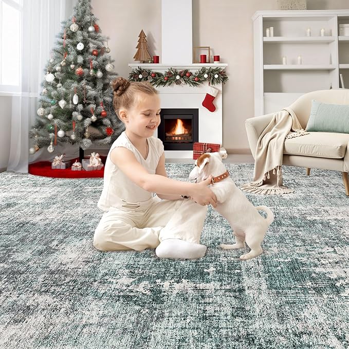 10x12 Area Rug Living Room Rugs - Washable Neutral Modern Abstract Soft Thin Large Rug Indoor Floor No Slip Rug Carpet for Bedroom Under Dining Table Home Office Decor - Green/Grey