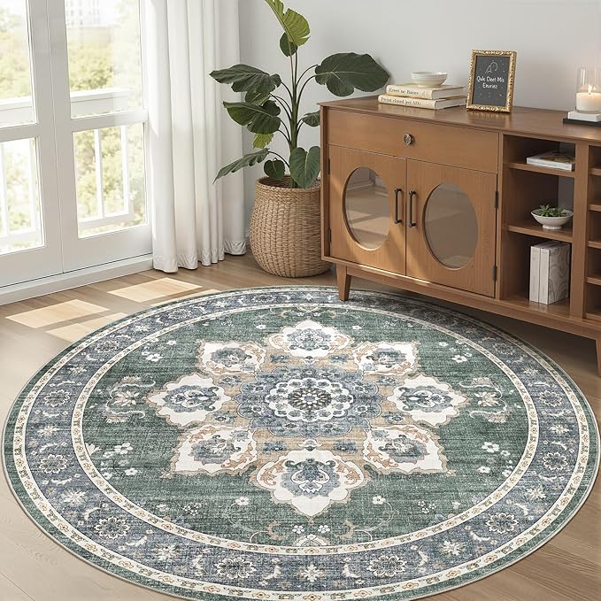 Area Rug for Living Room - 5x5 Soft Washable Oriental Vintage Floral Distressed Large Carpet - Fade Stain Resistant Non Slip Rugs for Bedroom Dining Room Nursery Dorm Office Home Decor - Green