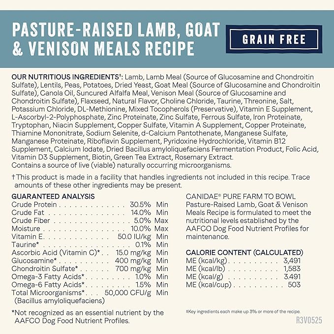Canidae Pure Farm to Bowl Pasture-Raised Lamb with Goat & Venison Meals, Adult, Grain-Free Dry Dog Food, 4lb
