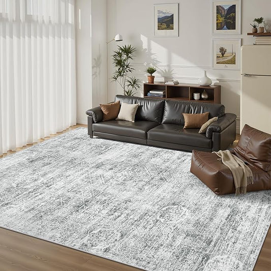 Madane 5x7 Area Rugs for Living Room, Washable Vintage Grey Rug with Non-Slip Backing, Soft Floral Print Throw Rugs Floor Low Pile Carpet for Bedroom Dining Room