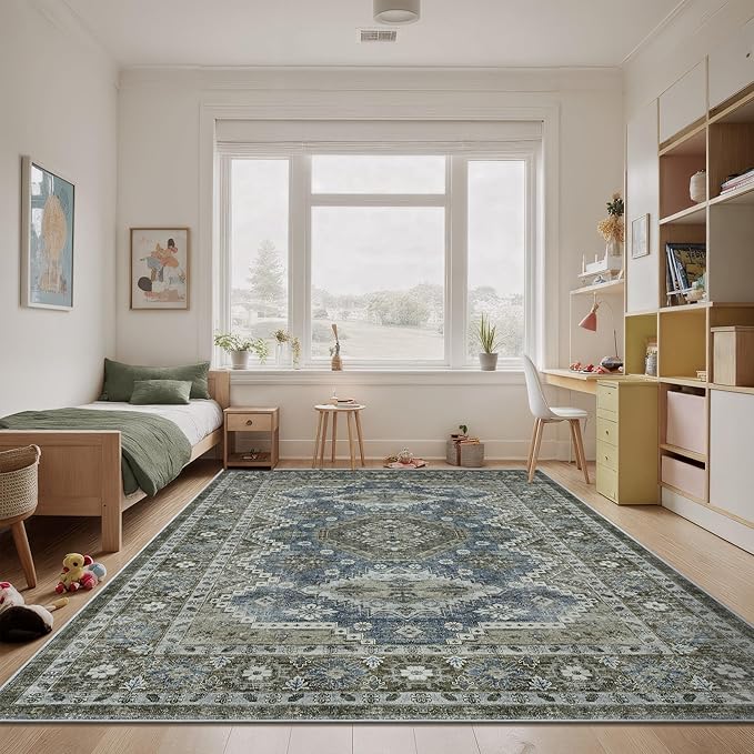 Rugland 5x7 Area Rugs for Living Room - Stain Resistant Washable Rug, Anti Slip, Vintage Tribal Area Rugs (TPR07-Green, 5'x7')