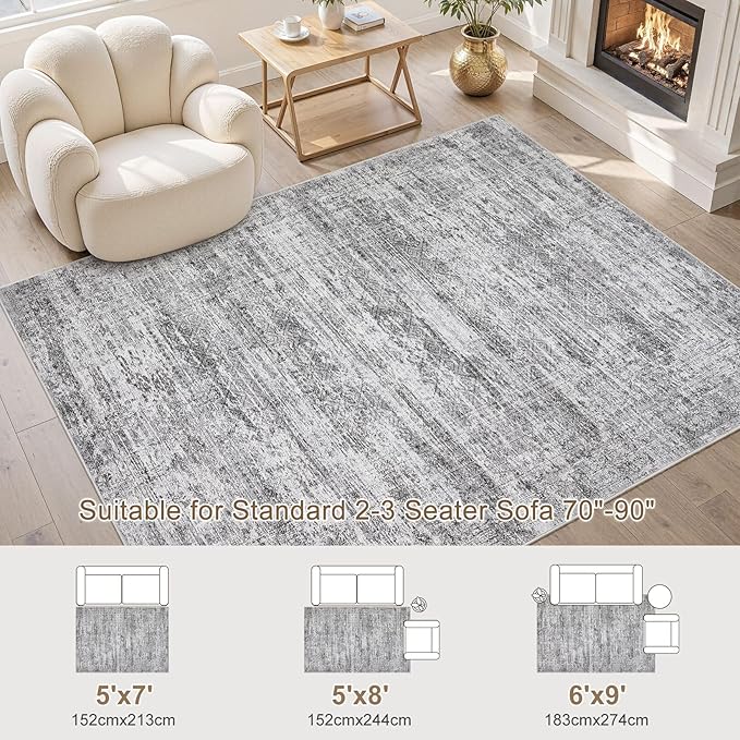 5x7 Area Rug Living Room Rugs - Washable Neutral Modern Abstract Soft Thin Rug Indoor Floor No Slip Rug Carpet for Bedroom Under Dining Table Home Office Decor - Light Gray