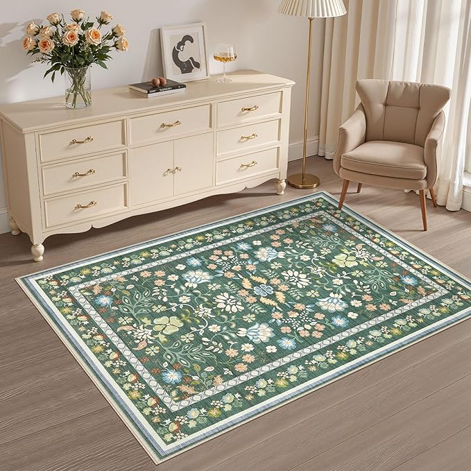 3x5 Area Rug Living Room Rugs - Washable Boho Vintage Floral Large Soft Non Slip Thin Rug Low Pile Carpet for Bedroom Dining Room Kids Playroom Office Decor Indoor- Green
