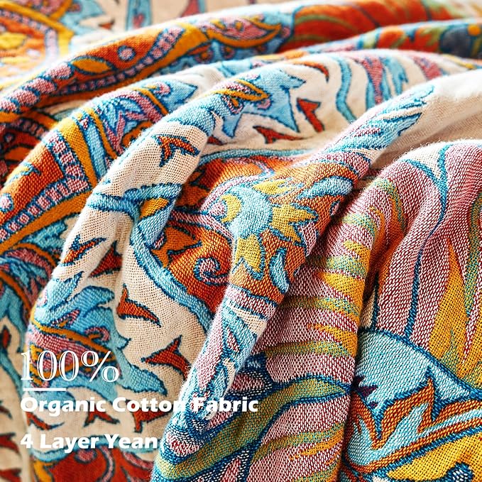 Boho Throw Blanket, 100% Organic Cotton Breathable Skin-Friendly Ultra Soft Bed Quilt Throw - All Season Floral Bird Farmhouse Décor Luxury Blanket for Sofa Couch Chair and Gift. 80" x 90"