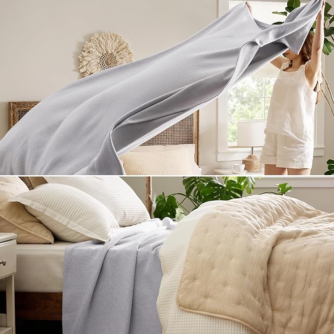 Bedsure GentleSoft 100% Cotton Blanket King Size for Bed - Breathable and Lightweight, Soft Cozy Textured Herringbone Woven Blanket for Summer, Grey, 108x90 inches