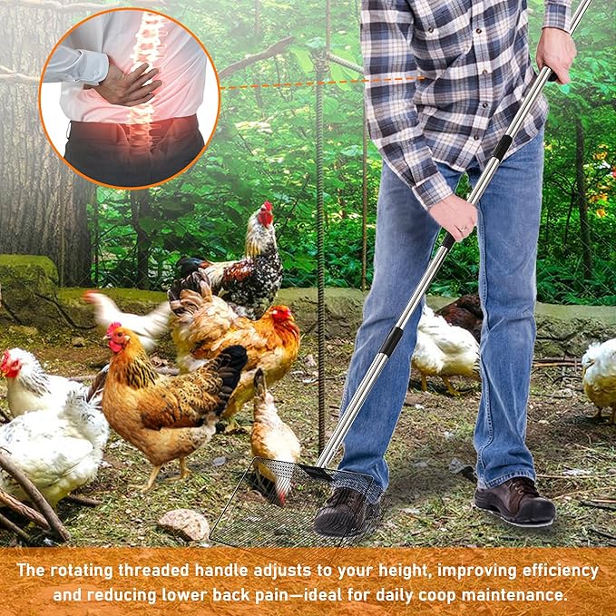 Extra Large Chicken Poop Scooper – 15'' Wide Stainless Steel Litter Cleaner, 5-in-1 Adjustable Handle (37-77 Inch), for Chicken Coops, Poultry Barns, Durable Farm & Outdoor Tool