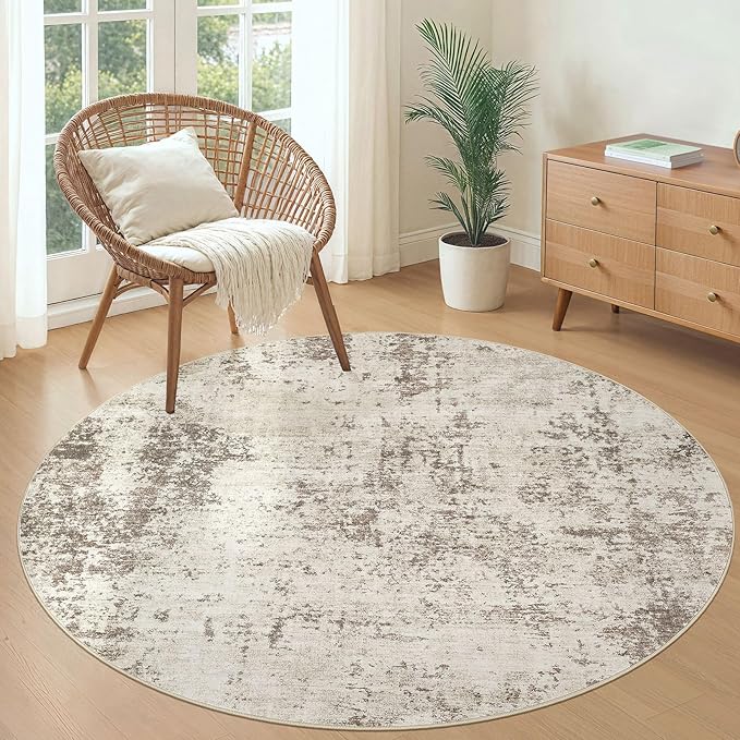 5ft Round Area Rug Living Room Rugs - 5x5 Washable Neutral Modern Abstract Soft Thin Rug Indoor Floor No Slip Rug Carpet for Bedroom Under Dining Table Home Office Decor - Dark Brown
