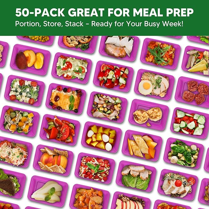 50 Pack Meal Prep Containers with Lids 38oz - BPA-Free, Reusable, Leakproof Food Storage Containers - Microwave/Dishwasher/Freezer Safe, To Go Take Out Plastic Food Storage Pans(Purple)