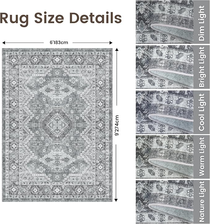 Rugland 6x9 Rug - Stain Resistant Washable Rug, Anti Slip Backing Rugs for Living Room, Vintage Tribal Area Rugs (TPR07-Grey, 6'x9')
