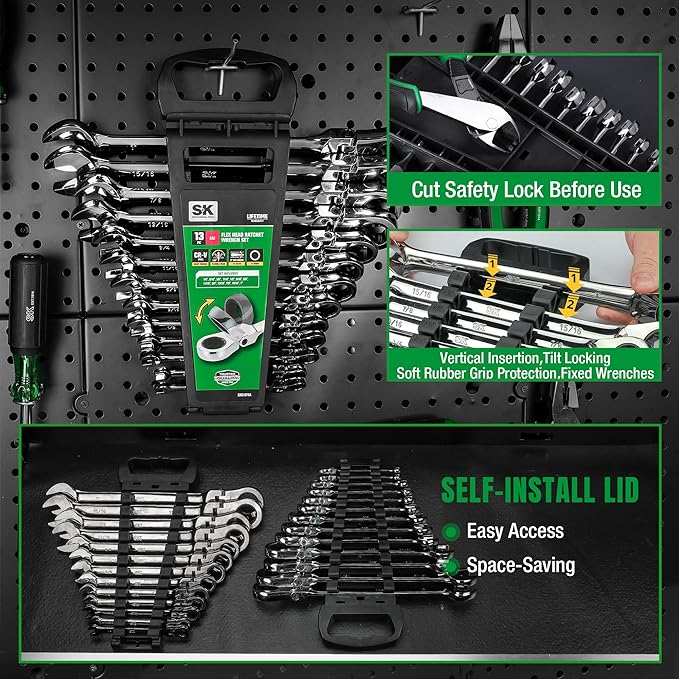 SK Flex-Head Ratcheting Wrench Set, Combination Wrench Set, 13-Piece, SAE 1/4" to 1", 72-Tooth, Premium CR-V Construction, with Rack Organizer