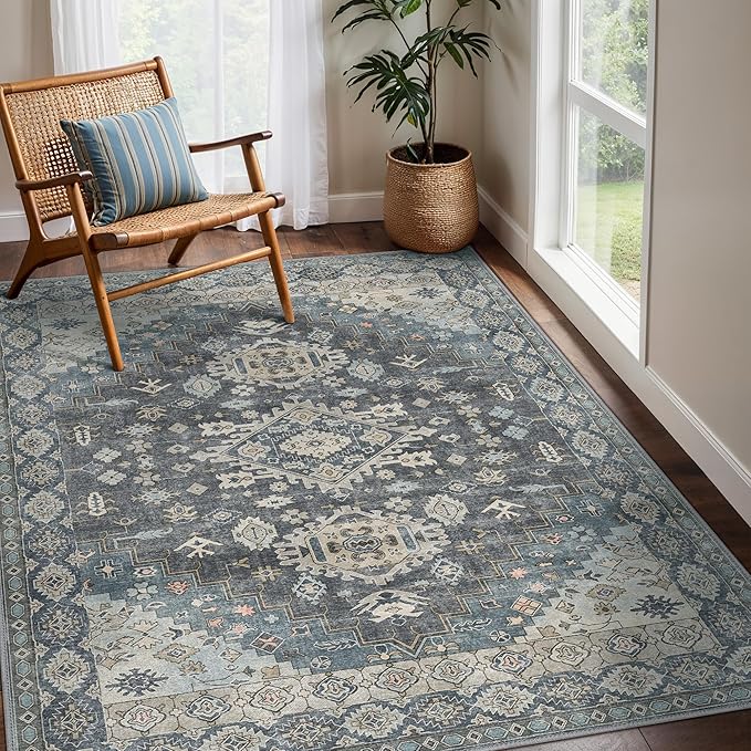 GENIMO Machine Washable 5x7 Area Rugs for Living Room, Non Slip Vintage Rugs, Low Pile Lightweight Chenille Print Rug for Bedroom, Dining Room, Home Office, Slate Gray Blue