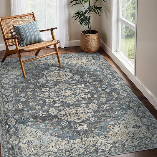 GENIMO Machine Washable 5x7 Area Rugs for Living Room, Non Slip Vintage Rugs, Low Pile Lightweight Chenille Print Rug for Bedroom, Dining Room, Home Office, Slate Gray Blue