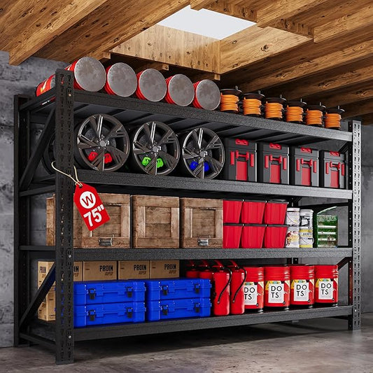 75”W Heavy Duty Metal Storage Shelves, 9000LBS Metal Garage Shelving Units, 24”Deep Rack Shelf, 4 Tier Steel Industrial Shelving , Adjustable Standing Shelf for Warehouse/Basement 75"W x 24"D x 70"H