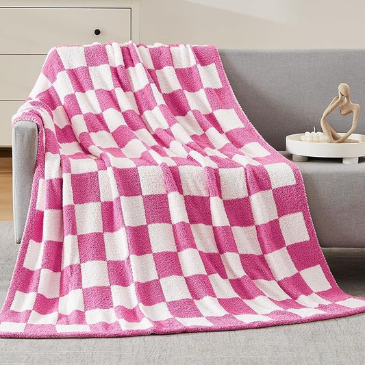 WRENSONGE Checkered Throw Blanket, Hot Pink Soft Cozy Fluffy Warm Hand Made Throw Blankets for Couch, Sofa, Chair, Bed, Camping, Picnic, Travel Lightweight Bed Blanket - 60"*80"