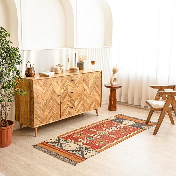Jute Traditional Kilim Rug Boho Flatweave Area Rug for Living Room, Living Room Entryway, Tribal Series, 2'6"x16'