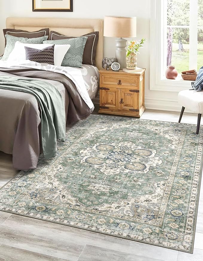 Washable Area Rug 4x6 - Boho Living Room Rug Non Slip Soft Bedroom Rug Ultra-Thin Sage Green Vintage Medallion Oriental Dining Room Rugs for Under Table Indoor Carpet for Living Room Kitchen