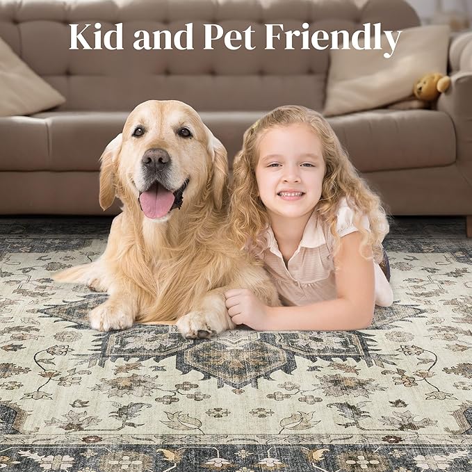 Area Rug for Living Room - 10x12 Soft Washable Oriental Vintage Floral Distressed Large Carpet - Fade Stain Resistant Non Slip Rugs for Bedroom Dining Room Nursery Dorm Office Home Decor - Beige Blue