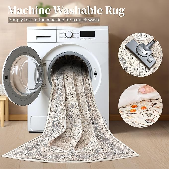 Washable Rug for Living Room - 7x9 Non-Slip Soft Vintage Floral Area Rug for Family Kids & Pet, Stain Resistant Carpet for High Traffic Bedroom Dining Room Teen Dorm Home Decor Aesthetic (Camel)
