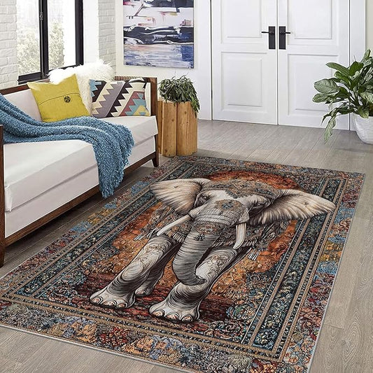 8x10 Elephant Area Rugs Boho Elephant Rug for Living Room Indoor Soft Non-Slip Thin Large Carpet Vintage Rugs for Bedroom Home Decor Under Table Washable Machine