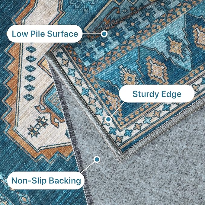 GENIMO Machine Washable 10x14 Area Rugs for Living Room, Non Slip Vintage Rugs, Low Pile Lightweight Chenille Print Rug for Bedroom, Dining Room, Home Office, Navy/Brick