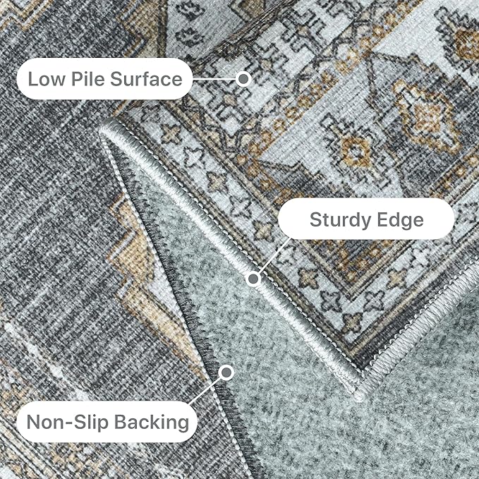 GENIMO 2x5 Washable Runner Rug for Hallway, Vintage Non Slip Low Pile Carpet, Soft Lightweight Printed Rug for Entryway, Kitchen, Corridor & Home Office, Gray/Beige