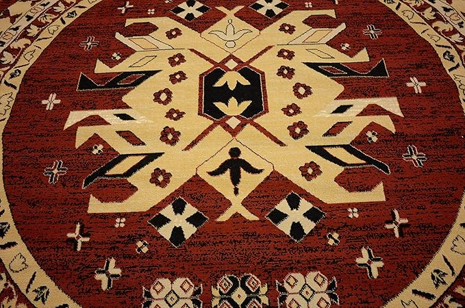 Unique Loom Taftan Collection Border Geometric Tribal Inspired Design Area Rug (8' 0 x 8' 0 Round, Red/ Gold)