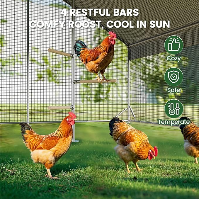 Large Walk-in Metal Chicken Coop with Chicken Run & Hardware Cloth, Solar Light, Waterproof & UV-Resistant Cover, Outdoor Poultry Cage for Farm Use, 3 Room