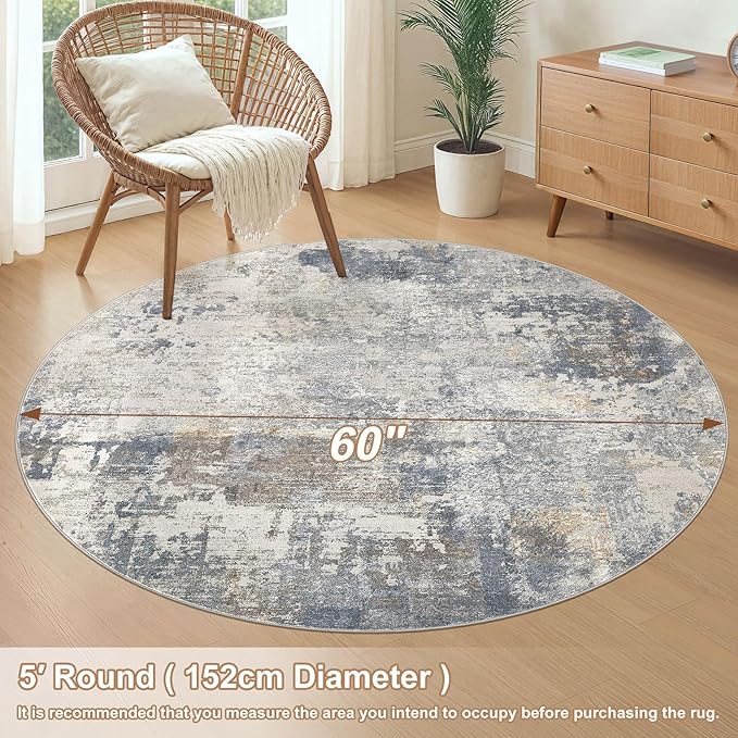 5ft Round Area Rug Living Room Rugs - 5x5 Washable Neutral Modern Abstract Soft Thin Rug Indoor Floor No Slip Rug Carpet for Bedroom Under Dining Table Home Office Decor - Blue Grey