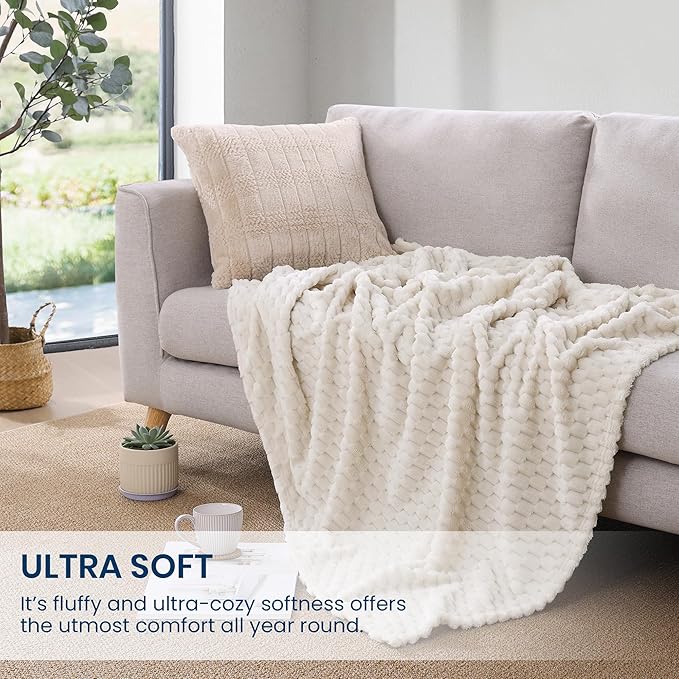 Monbix Ivory Fleece Throw Blanket for Couch- Room Decor Soft Cozy Blankets for Women, Lightweight Fuzzy Fleece Flannel Bed Blanket Suitable for All Seasons(60"×80",Ivory)