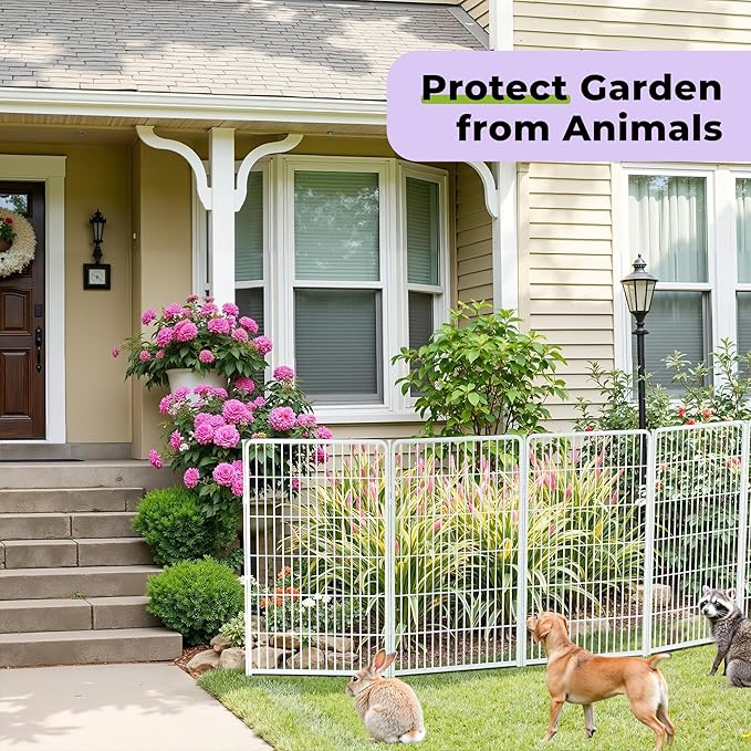 SunsGrove Garden Fence 32 in(H) x 8.9 ft(L) 4 Panels, Heavy Duty Metal Animal Barrier Fence for Dogs, Easy No-Dig Setup, Decorative Dog Fences, White