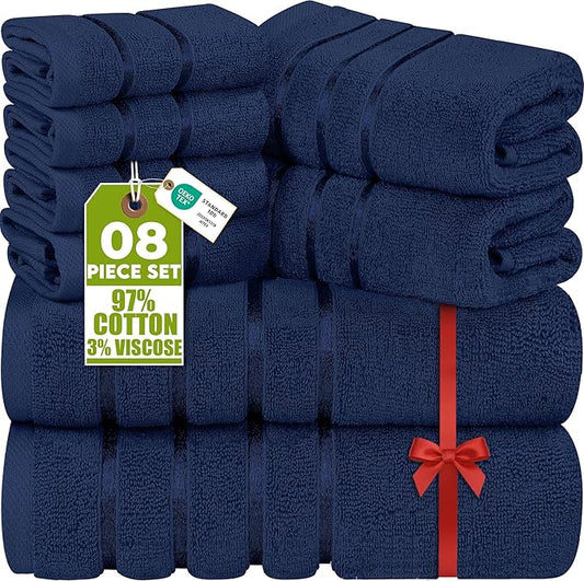 Utopia Towels 8 Piece Luxury Towel Set, 2 Bath, 2 Hand, and 4 Wash Cloths, 600 GSM Ring Spun Cotton, Highly Absorbent Viscose Stripe Towels, Ideal for Everyday use, Navy