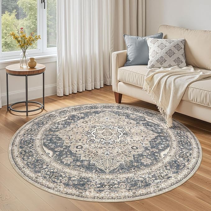 Washable 5 Ft Round Area Rug - 5x5 Area Rugs for Living Room Bedroom Dining Room Home Office Floor Decor- Vintage Floral Stain & Fade Resistant Non-Slip Backing Carpet(Blue/Beige)