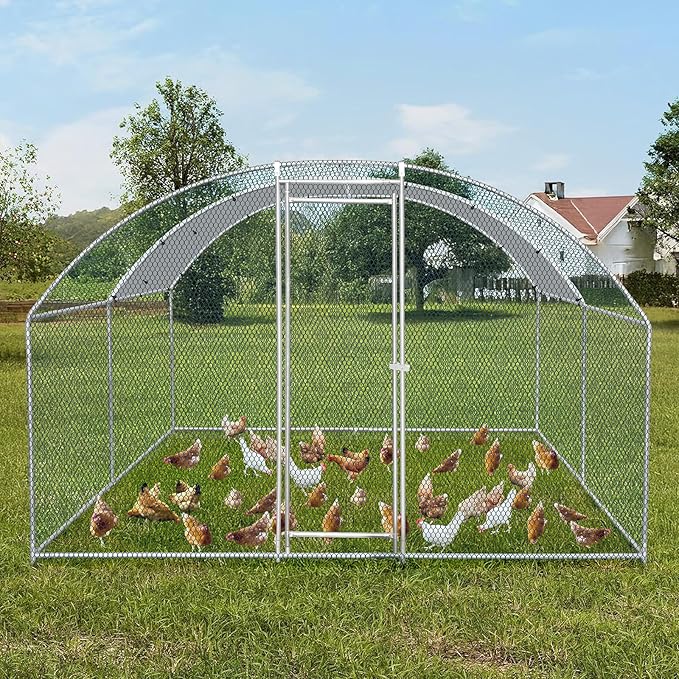 VINGLI Chicken Coop, Large Metal Poultry Cage for Chicken Run, Walk-in Chicken Pen with Waterproof & Anti-UV Cover Outdoor (Silver-Dome Roof, 13.1 * 9.8 * 6.5 ft)