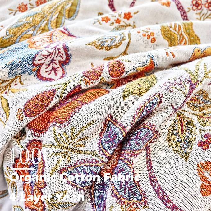 Boho Throw Blanket, 100% Organic Cotton Breathable Skin-Friendly Ultra Soft Bed Quilt Throw - All Season Floral Farmhouse Décor Luxury Blanket for Sofa Couch Chair and Gift. 80" x 90"