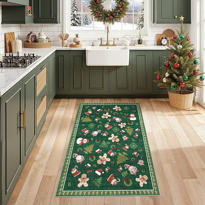 Washable Christmas Area Rug: 3x5 Neutral Modern Festive Carpet - Non-Slip Soft Thin Low Pile Throw Indoor Rugs for Bedroom Kitchen Entrance Living Room - Christmas Green