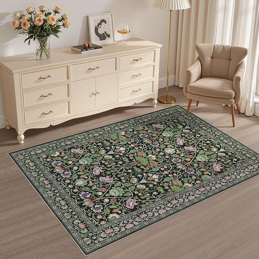 3x5 Area Rug Living Room Rugs - Washable Boho Vintage Floral Large Soft Non Slip Thin Rug Low Pile Carpet for Bedroom Dining Room Kids Playroom Office Decor Indoor- Green Dark