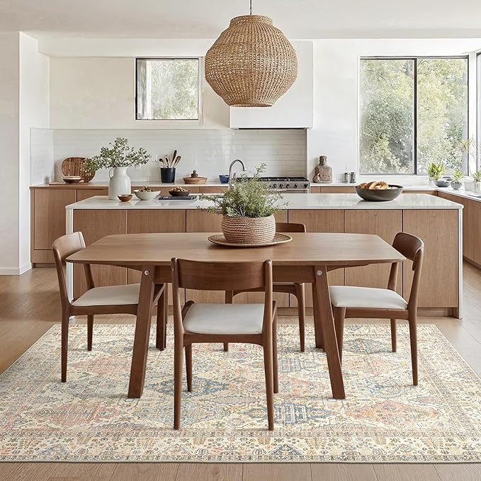 GENIMO 3x5 Area Rugs for Living Room, Machine Washable Non Slip Vintage Rugs, Low Pile Lightweight Chenille Print Rug for Bedroom, Dining Room, Home Office, Beige Cream