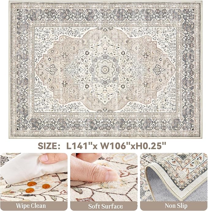 Washable Rug 9x12 Area Rugs for Living Room Bedroom Dining Room Home Office Floor Decor -Stain & Fade Resistant Non Slip Backing Carpet,Ultra-Thin Vintage Large Carpets (Camel/Beige,9'x12')