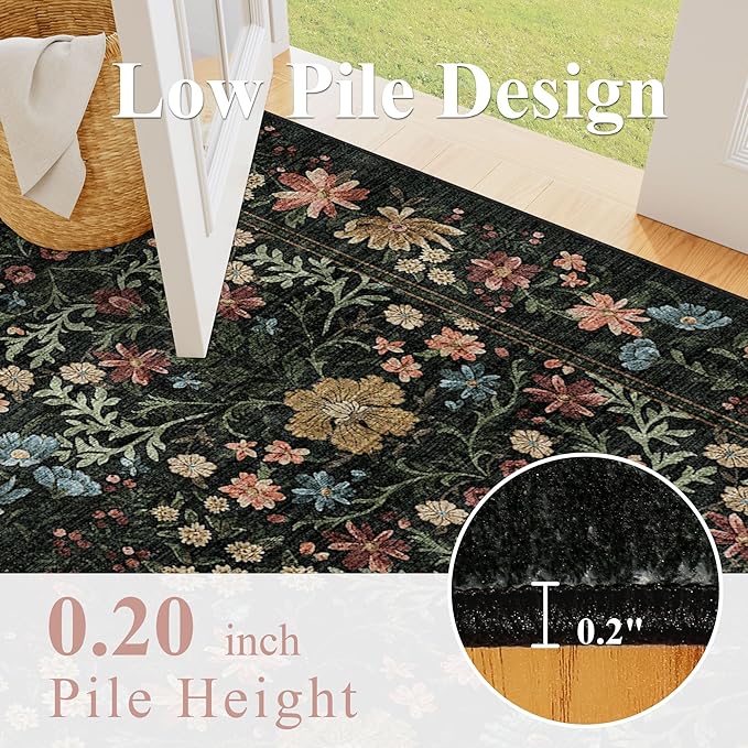 DUKINO 2.6x8 Runner Rug for Hallway, Washable Vintage Floral Kitchen Rug with Non Slip Backing, Soft Low Pile Throw Carpet Runner for Kitchen, Laundry, Hallway, Bathroom, Black