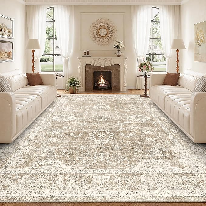 Madane 9x12 Area Rugs for Living Room, Machine Washable Rug with Non-Slip Backing, Soft Vintage Large Area Rug, Floral Print Floor Carpet for Bedroom Dining Room (9 x 12, Brown/Sand)