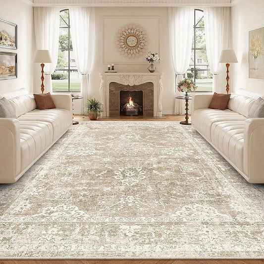 Madane 9x12 Area Rugs for Living Room, Machine Washable Rug with Non-Slip Backing, Soft Vintage Large Area Rug, Floral Print Floor Carpet for Bedroom Dining Room (9 x 12, Brown/Sand)