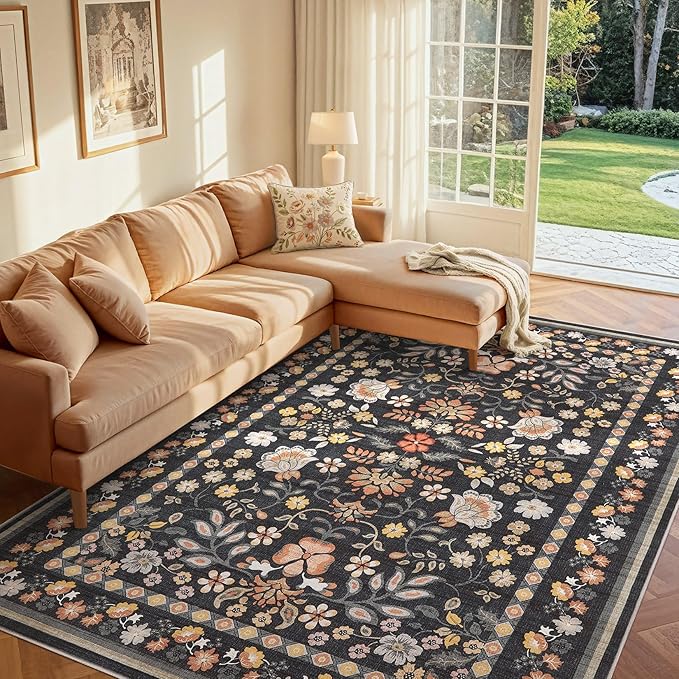 8x10 Area Living Room Rugs - Washable Boho Vintage Floral Large Soft Non Slip Thin Rug Low Pile Carpet for Bedroom Dining Room Kids Playroom Office Decor Indoor- Black Grey