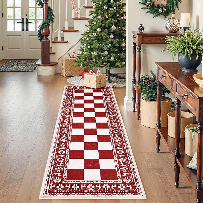 GarveeHome Red 2x6 Runner Rug, Washable Rug for Christmas Decor, Indoor Non Slip Carpet, Checkered Soft Low Pile Christmas Rugs for Kitchen, Entryway, Living Room, Bedroom