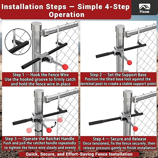Chain Link Fence Stretcher Tool, Ratcheting Wire Fence Tightener & Puller for Barbed & Woven Wire Fence, 3″–12″ Tension Range, 5° Tilted Base & Hooked Groove, One-Hand Operation for Farm & Yard