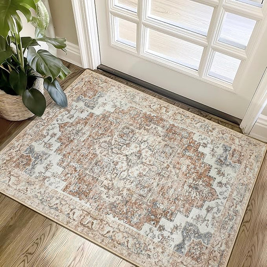 GENIMO Area Rug 2x3 Indoor Machine Washable Doormat, Low Pile Vintage Rugs, Small Retro Lightweight Entryway Mat for Entrance, Hallway, Kitchen and Corridor, Orange
